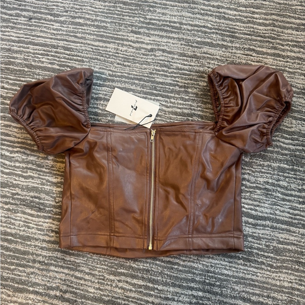 7 for all mankind Brown Puff Sleeve Leather Top